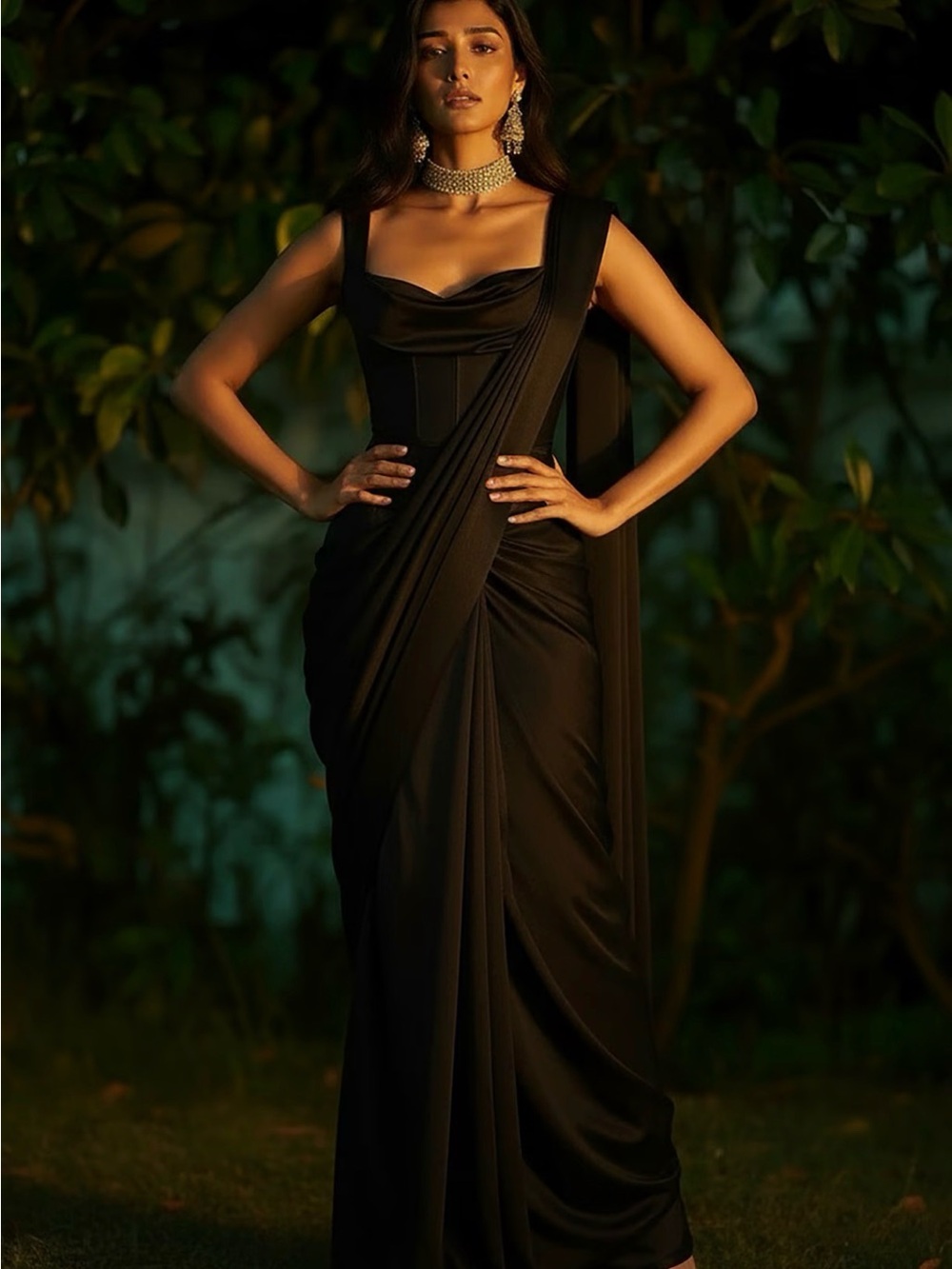Black Satin Draped Corset Saree